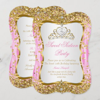 Tiara Princess Sweet 16 Pink Gold White Invite