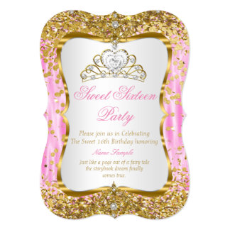 Tiara Princess Sweet 16 Pink Gold White Invite