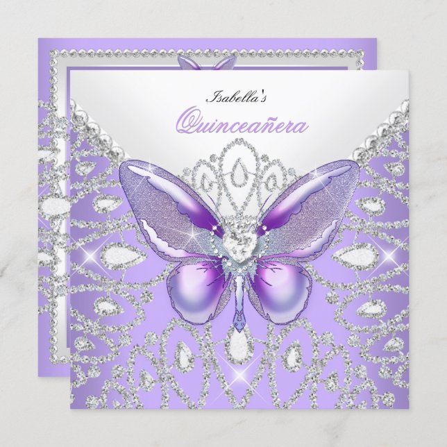 Tiara Quinceanera 15th Diamonds Purple Butterfly Invitation (Front/Back)