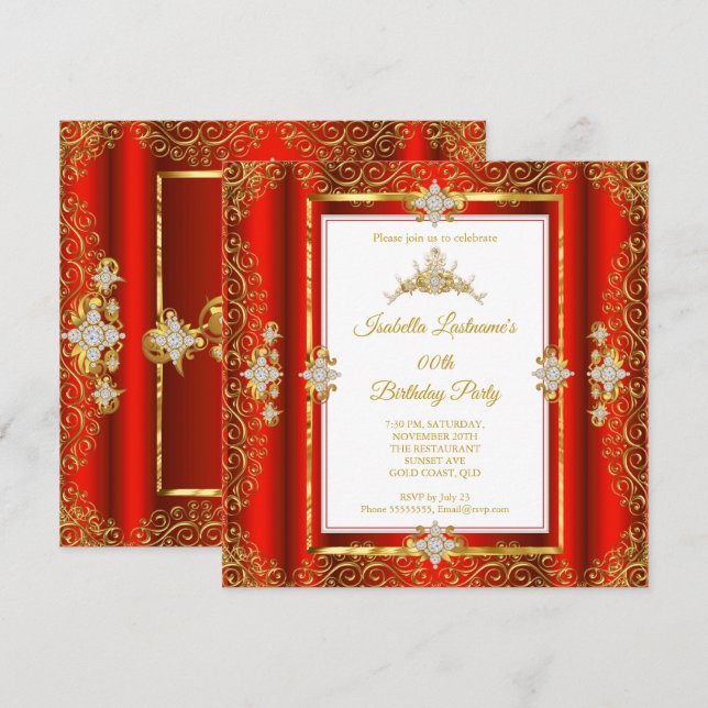 Tiara Red Damask Gold White Birthday Party Invitation (Front/Back)