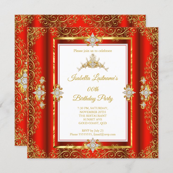 Tiara Red Damask Gold White Birthday Party Invitation | Zazzle