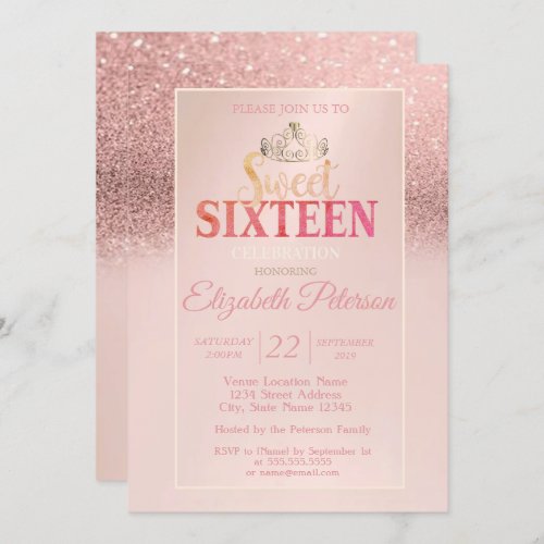 TiaraRose Gold Glitter Bokeh Ombre Sweet 16 Party Invitation