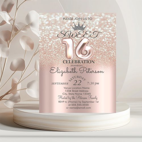 TiaraRose Gold Sweet 16 Glitter Bokeh Ombre Party Invitation