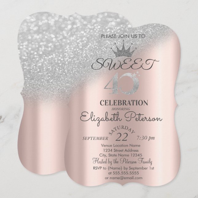 Tiara,Rose Gold Sweet 40th Glitter Bokeh Ombre  Invitation (Front/Back)