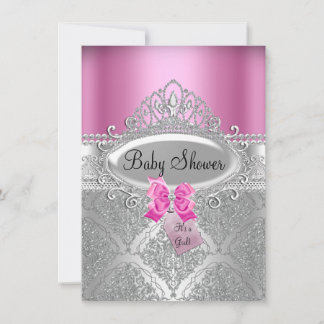 Tiara & Silver Damask Pink Baby Shower Invite