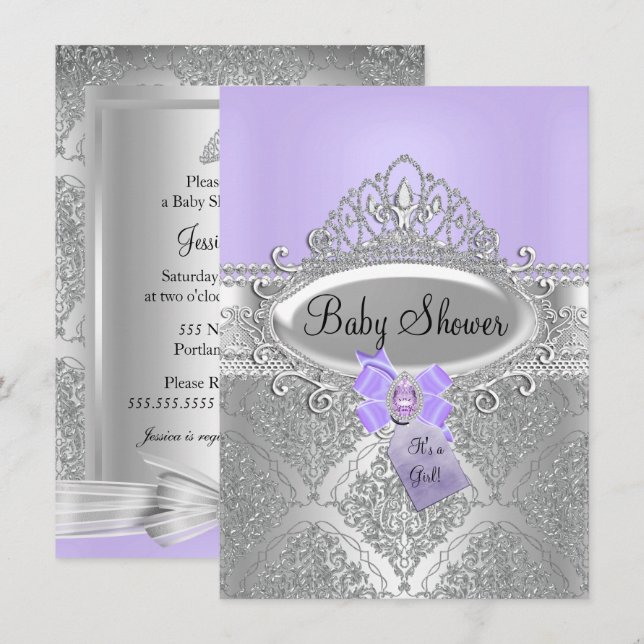 Tiara & Silver Damask Purple Baby Shower Invite (Front/Back)