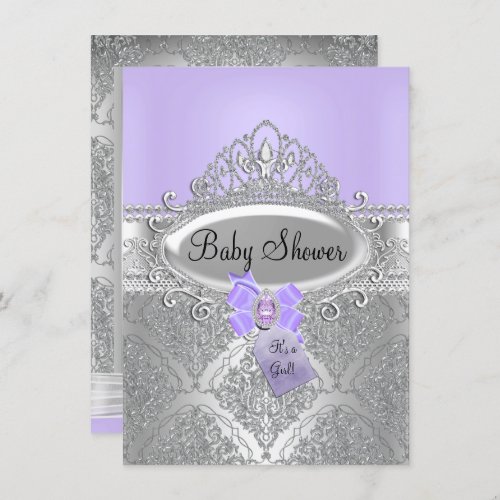 Tiara  Silver Damask Purple Baby Shower Invite