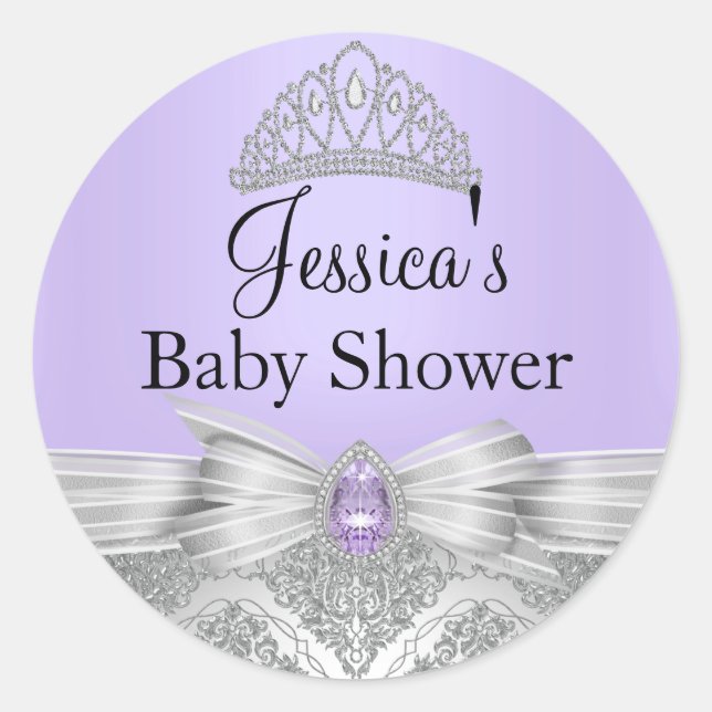 Tiara & Silver Damask Purple Baby Shower Sticker (Front)