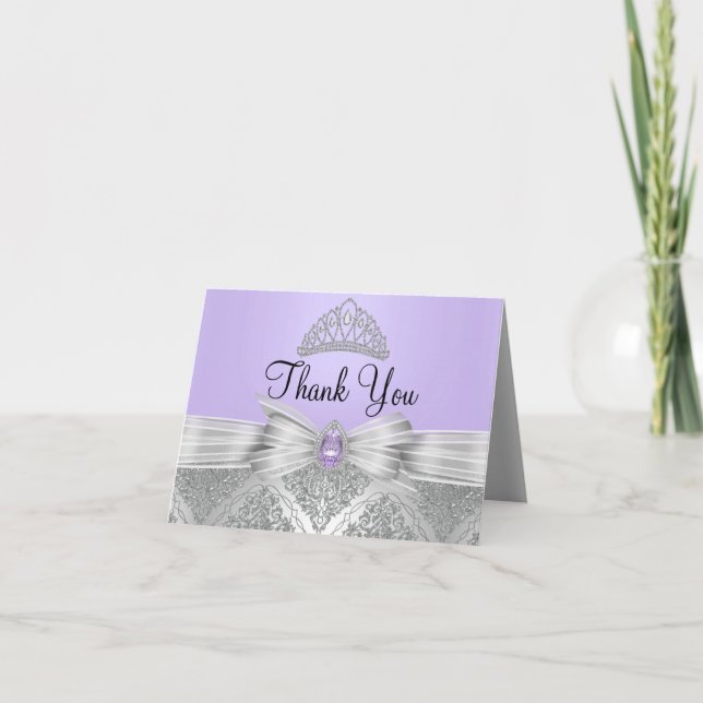 Tiara & Silver Damask Purple Thank You Card (Front)