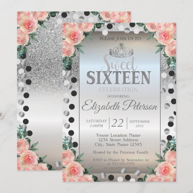 Tiara,Silver Glitter Roses Dots Sweet 16 Party Invitation (Front/Back)