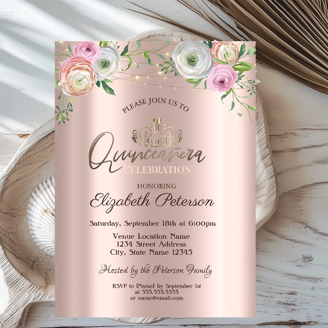 Tiara,String Lights Chic Roses  Quinceañera  Invitation (Creator Uploaded)