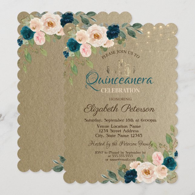 Tiara,String Lights Flowers Kraft Quinceañera Invitation (Front/Back)