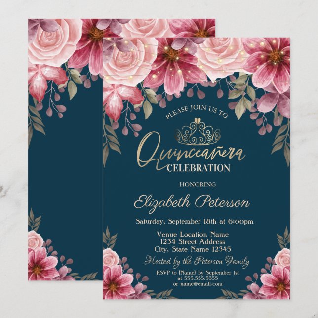 Tiara,String Lights Flowers Navy Blue Quinceañera  Invitation (Front/Back)
