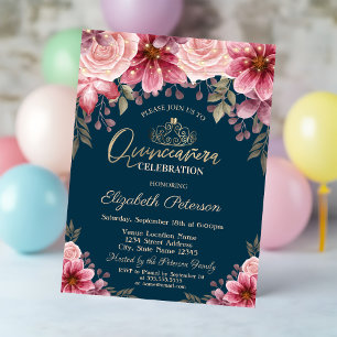 Tiara,String Lights Flowers Navy Blue Quinceañera  Invitation