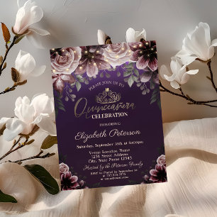 Tiara,String Lights Flowers Purple Quinceañera Invitation