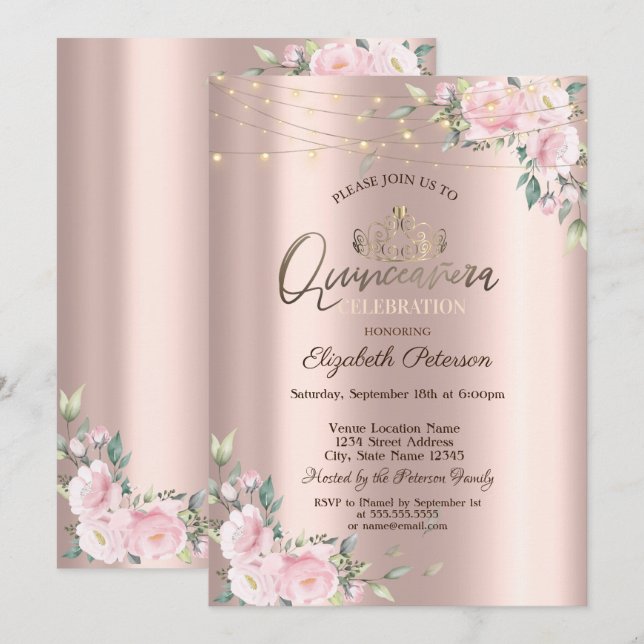 Tiara,String Lights Flowers Roses Quinceañera  Invitation (Front/Back)
