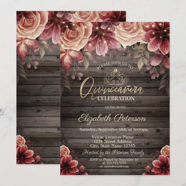 Tiara,String Lights Flowers  Wood Quinceañera  Invitation (Front/Back)