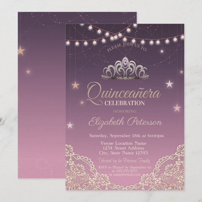 Tiara,String Lights,Lace  Quinceañera Invitation (Front/Back)