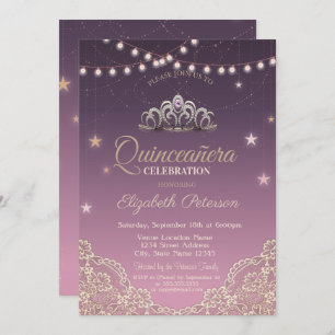Tiara,String Lights,Lace Quinceañera Invitation