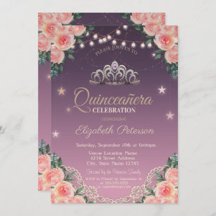 Tiara,String Lights,Lace,Roses Quinceañera Invitation