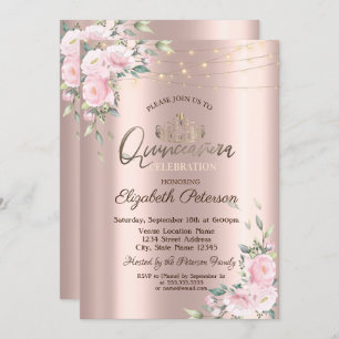 Tiara,String Lights Pink Roses Quinceañera Invitation