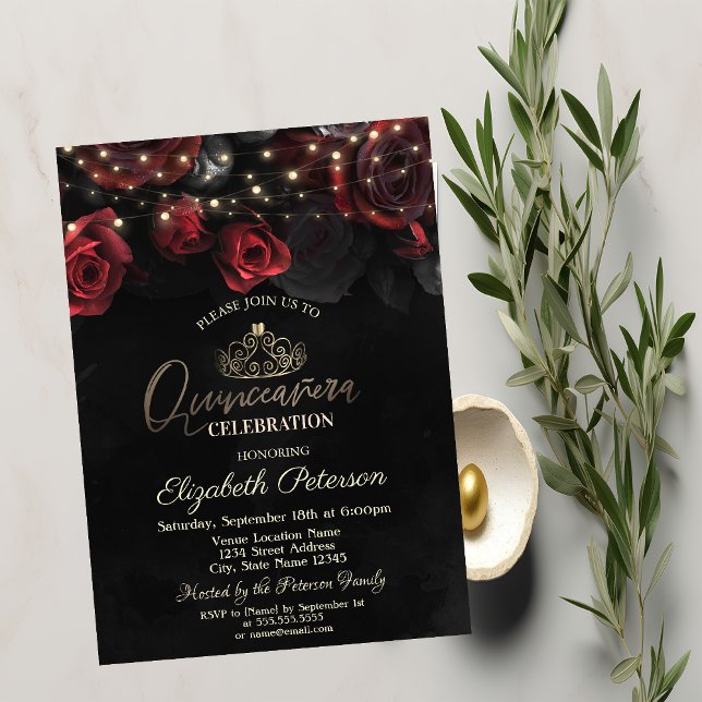Tiara,String Lights Roses Black Quinceañera  Invitation (Creator Uploaded)