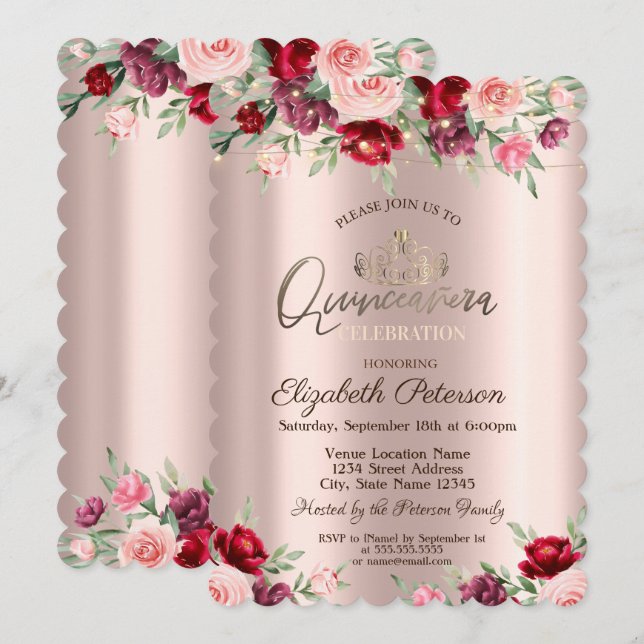 Tiara,String Lights,Roses, Rose Gold Quinceañera Invitation (Front/Back)
