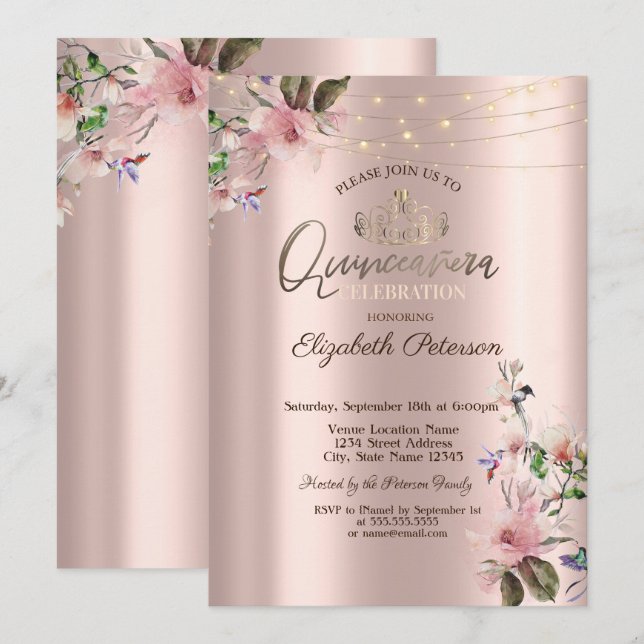 Tiara,String Lights Spring Flowers Quinceañera Invitation (Front/Back)