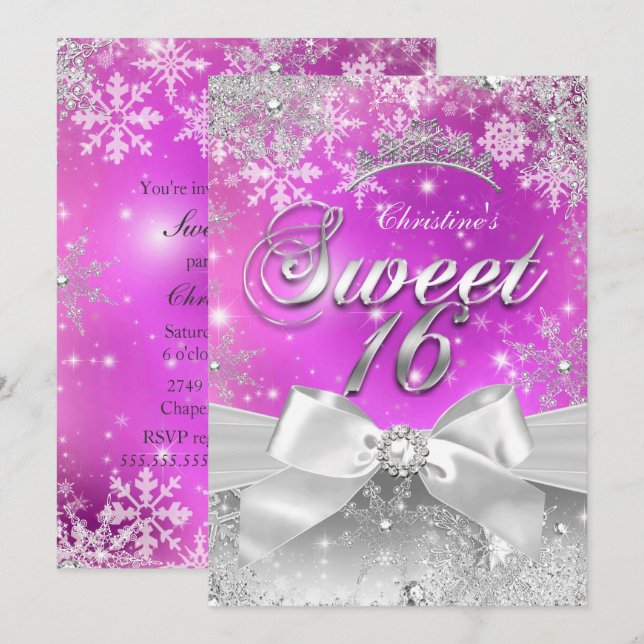 Tiara Sweet 16 Hot Pink Winter Wonderland Invitation (Front/Back)