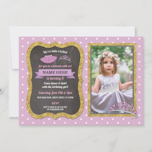 Tiara Tutu Ballet Pink Gold Glitter Birthday Photo Invitation