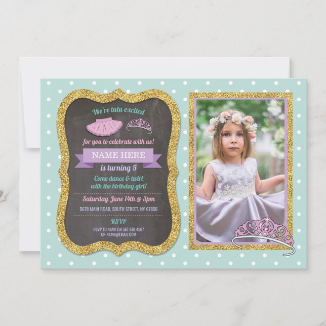Tiara Tutu Pink Ballet Mint Glitter Birthday Photo Invitation (Front)