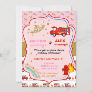 Tiaras and firetrucks siblings birthday invite. invitation