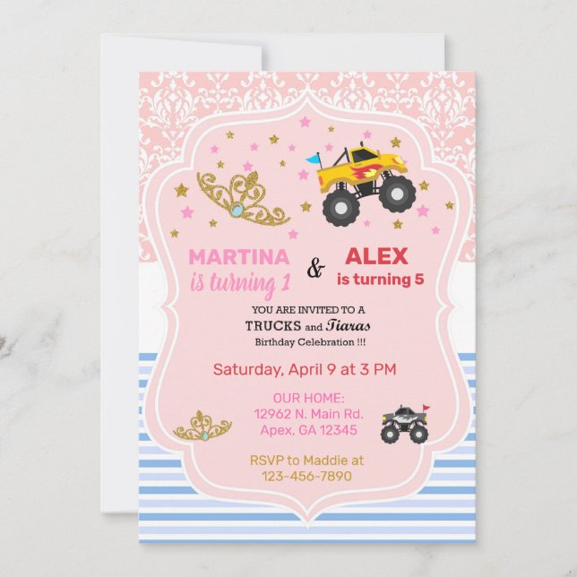 Tiaras and monster truck siblings birthday invite. invitation (Front)