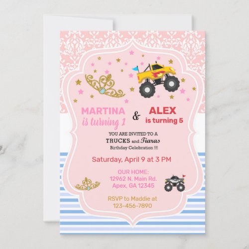 Tiaras and monster truck siblings birthday invite invitation