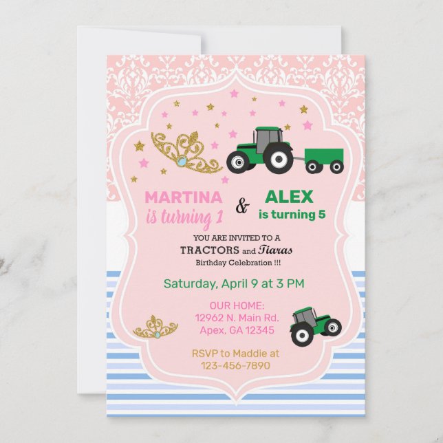 Tiaras and tractors siblings birthday invite. invitation (Front)