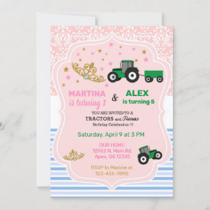 Tiaras and tractors siblings birthday invite. invitation