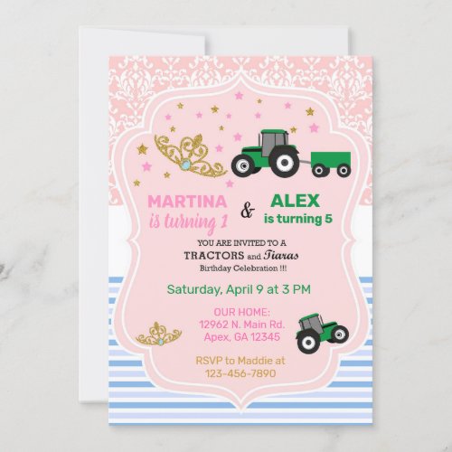 Tiaras and tractors siblings birthday invite invitation