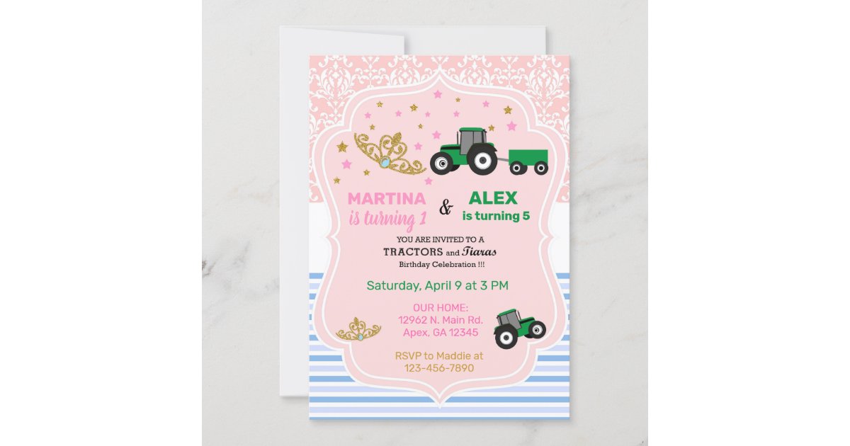 Tiaras and tractors siblings birthday invite. invitation Zazzle