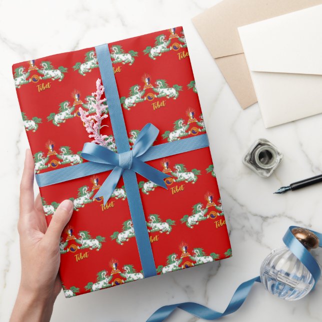 Tibet Gifts wrapping, Tibetan Flag, Lions / Red Wrapping Paper (Gifting)