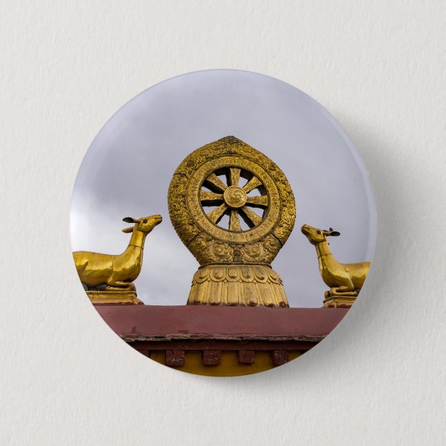 Tibet, Lhasa - Dharma wheel in Jokhang temple Button (Front)