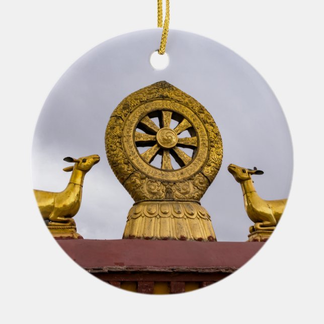 Tibet, Lhasa - Dharma wheel in Jokhang temple Ceramic Ornament (Front)
