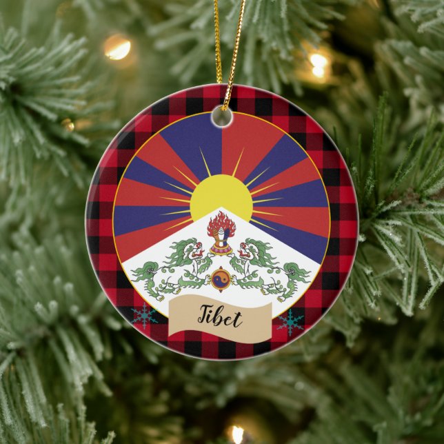 Tibet, Red buffalo plaid & Tibetan Flag Ceramic Ornament (Tree)