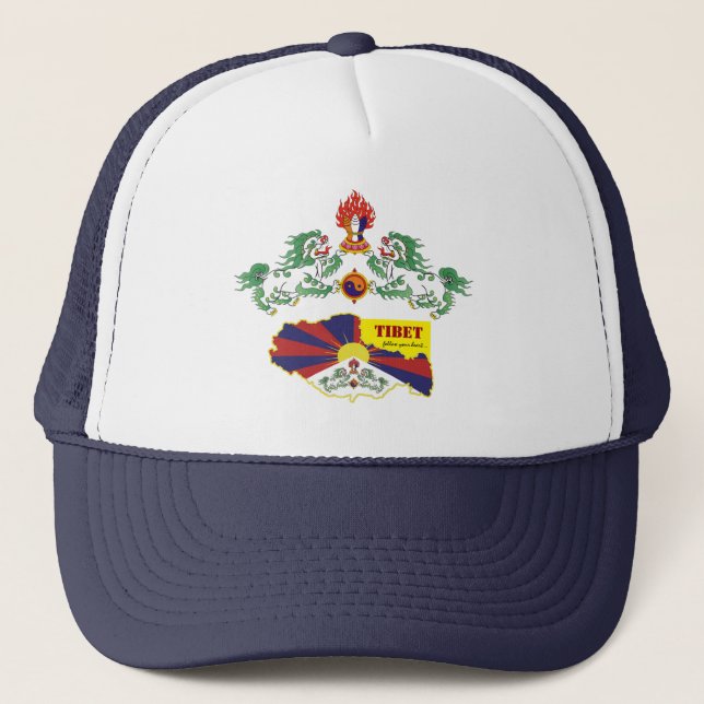 Tibet & Tibetan Flag, Snow Lions, Map / Buddhism  Trucker Hat (Front)