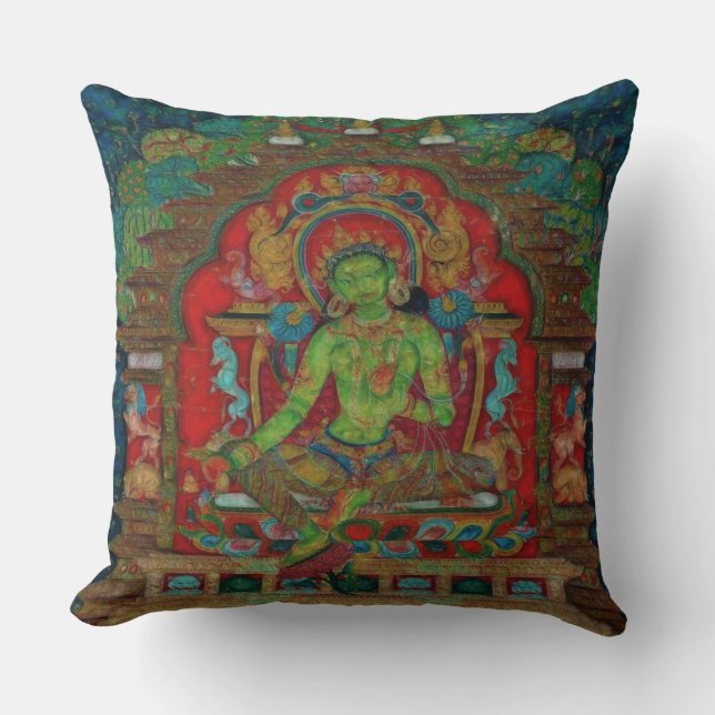 Tibetan Buddhism Green Tara Throw Pillow (Front)