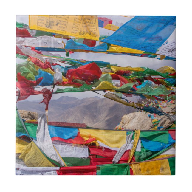 Tibetan landscape with prayer flags - Himalaya Ceramic Tile (Front)
