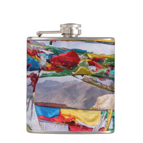 Tibetan landscape with prayer flags _ Himalaya Flask