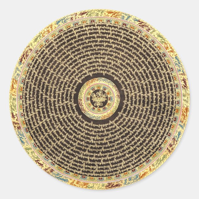 Tibetan Mandala Art (Black & Gold) Classic Round Sticker (Front)