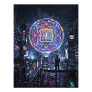 Tibetan Mandala Illuminating the Night: Cyberpunk Photo Print