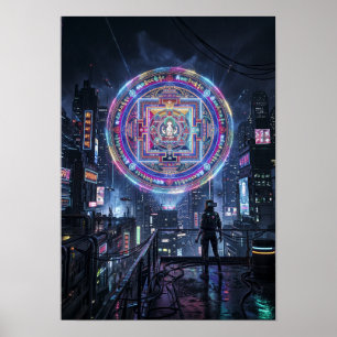 Tibetan Mandala Illuminating the Night: Cyberpunk Poster