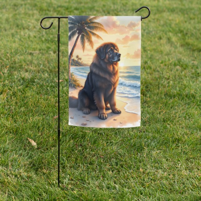 Tibetan Mastiff Beach Sunset Garden Flag (In SItu)